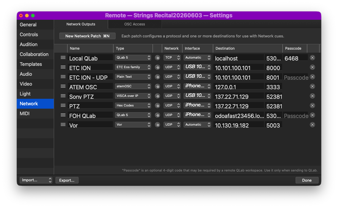 QLab Network Settings